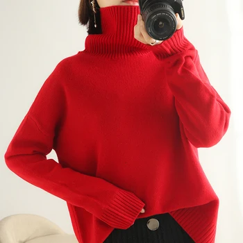 Super moale lână nouă cașmir pulover pentru femei guler înalt îngroșat vrac vrac culoare solidă maneca lunga pulover simplu leneș 1448