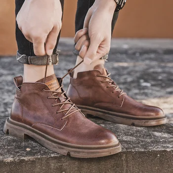 2019 stil de moda pentru bărbați ghete casual din piele pantofi de sex masculin retro motocicleta cizme dantela-up pantofi om cizme de zapada pentru barbati 1453