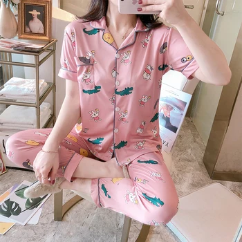 Noi De Vânzare Femeile Uzura Acasă 2020 Vară Cu Mânecă Scurtă Pentru Femei Set De Pijama Pantaloni Lungi Pijamale Seturi Din Bumbac De Agrement Set De Pijamale 1570