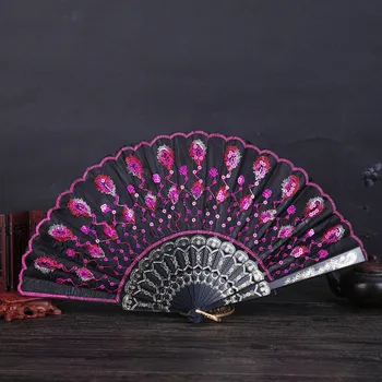 Stil chinezesc țin de Mână evantaiul Multicolor cu Paiete, Broderie Pene de Păun Fan Dans de Performanță Decor 2106