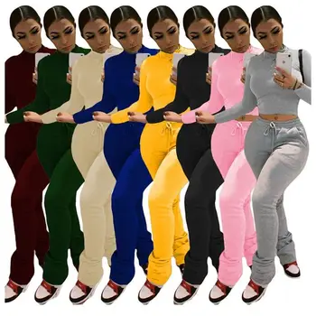 De Vânzare Fierbinte Timp Complet Maneca Crop Top Stivuite Pantaloni Femei De Moda De Îmbrăcăminte Din Două Piese Set De Trening 2 Piese Jogger Set Pentru Femei 2238