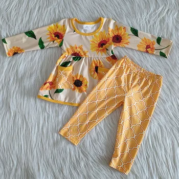 En-gros la modă copii de floarea-soarelui haine copii fete floral pocket legging set de pantaloni sugari toddle de tip boutique, costum copii 352