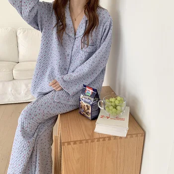 Femei Pijamale din Bumbac de Toamna/iarna Căptușit Cherry Tipărite Romb Haine de Acasă Fata Cardigan Confortabil Set de Pijama 5027
