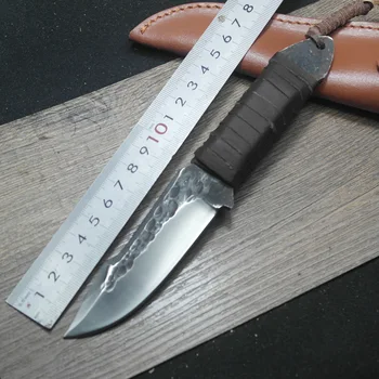 Manual forjate de oțel Damasc cuțit de vânătoare 60 HRC Oțel Damasc fixe cuțit mâner de abanos teaca din Piele de Supraviețuire armata cuțit 5168