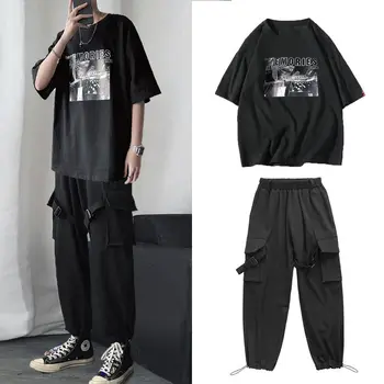 Bărbați Seturi Imprimate Multi-buzunare de Dimensiuni Mari 3XL-coreean Stil la Modă de Agrement Chic Mens Cargo Set Adolescenti Ins BF Hip-hop Streetwear 740
