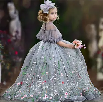 2020 Drăguț Rochie de Bal Rochii Fete cu Flori Dantelă Aplicatiile de Înaltă Gât Pietre de Copii Concurs de Dress Etaj Lungime Ziua de naștere a Fetei de Rochie 3732