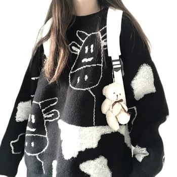 Harajuku Kawaii Pulover Tricotate Femei Vrac Cald De Toamna Iarna Femei Pulovere Plus Dimensiune Alb Y2k Haine Drăguț Leneș Vacă Sus