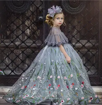 2020 Drăguț Rochie de Bal Rochii Fete cu Flori Dantelă Aplicatiile de Înaltă Gât Pietre de Copii Concurs de Dress Etaj Lungime Ziua de naștere a Fetei de Rochie