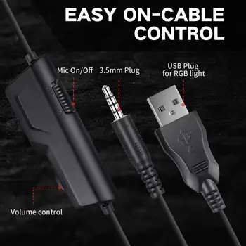Havit Gaing Cască Difuzor de 50mm cu Anulare a Zgomotului Microfon Stereo Lumina RGB USB + Mufă de 3,5 mm pentru Căști Pentru PC, PS4 Jucătorii