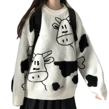 Harajuku Kawaii Pulover Tricotate Femei Vrac Cald De Toamna Iarna Femei Pulovere Plus Dimensiune Alb Y2k Haine Drăguț Leneș Vacă Sus